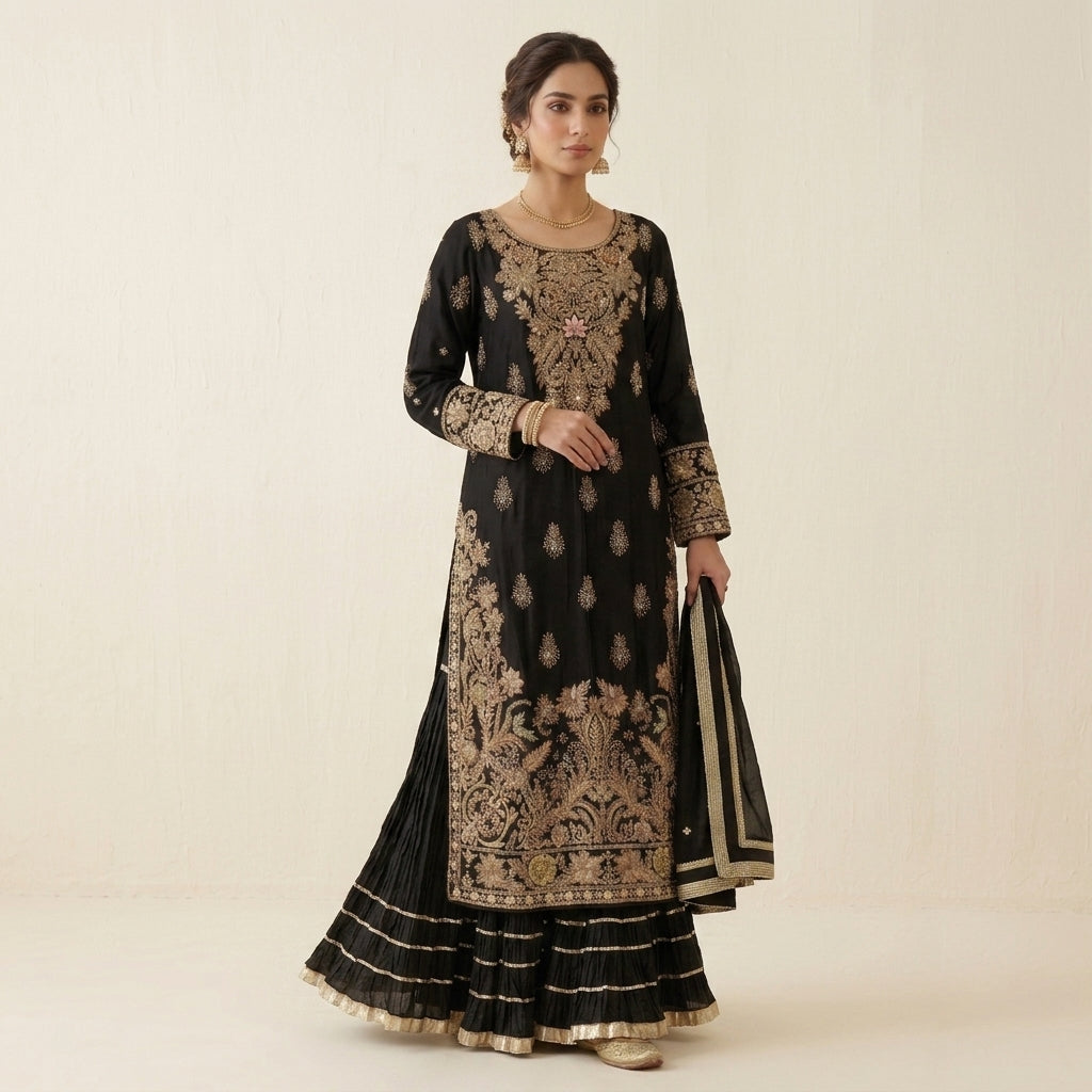 Luxury Black Shirt, Sharara & Dupatta with 100% Handmade Gold Work