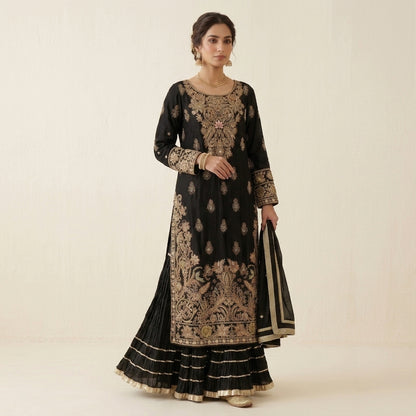 Luxury Black Shirt, Sharara & Dupatta with 100% Handmade Gold Work