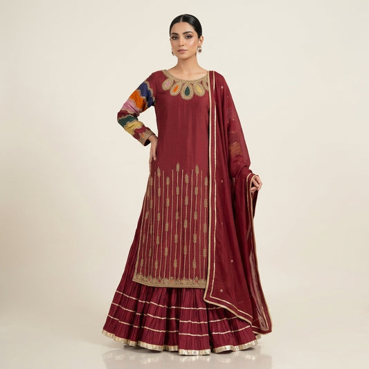 Luxury Red Shirt, Sharara & Dupatta with 100% Handmade Gold Antique Work