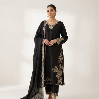 Black Designer Shirt, Trouser & Dupatta