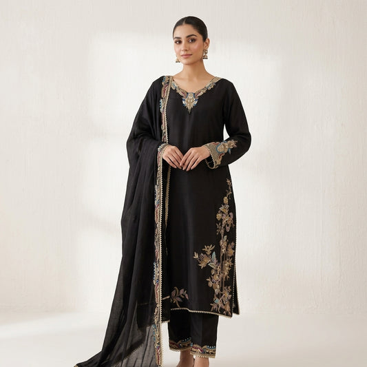 Black Designer Shirt, Trouser & Dupatta