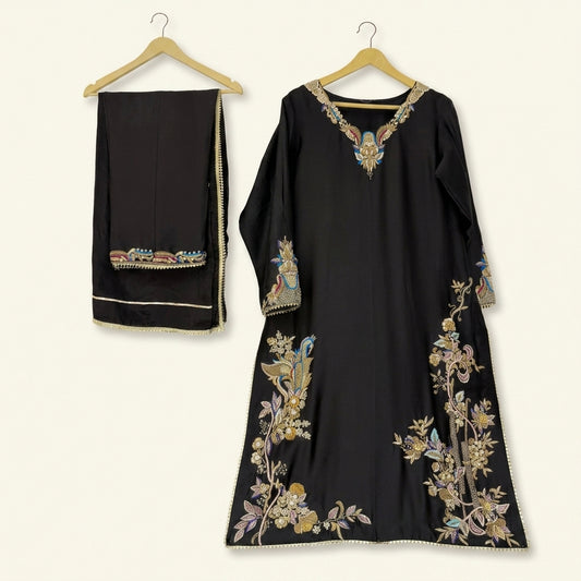 Black Designer Shirt, Trouser & Dupatta