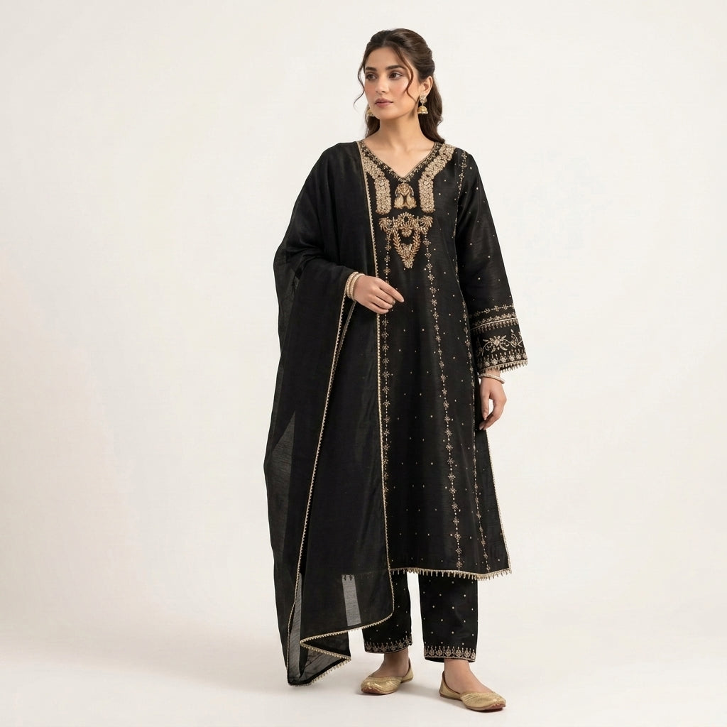 Premium Black Shirt with Elegant Dupatta & Trouser
