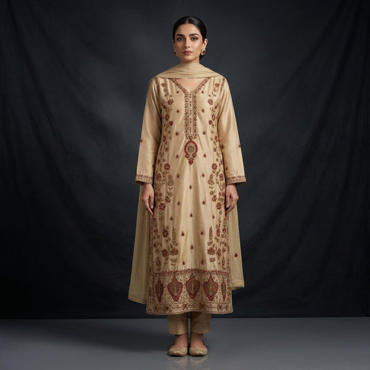 Luxury Skin Shirt, Trouser & Dupatta with Red & Gold Handwork
