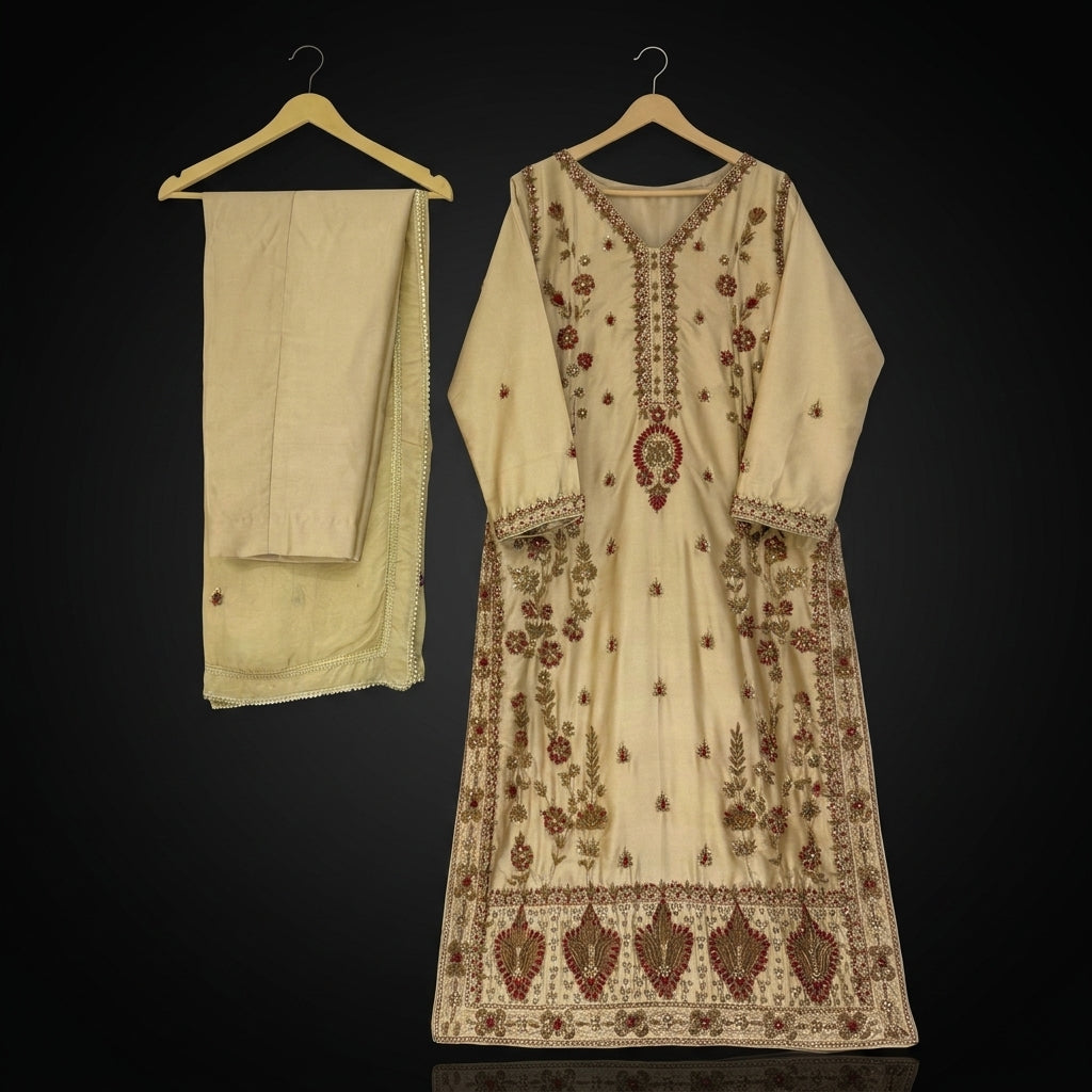 Luxury Skin Shirt, Trouser & Dupatta with Red & Gold Handwork