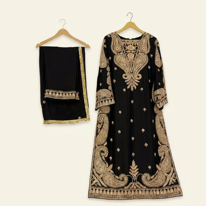 Luxury Handmade Black Velvet Ensemble | Shirt, Trouser & Dupatta