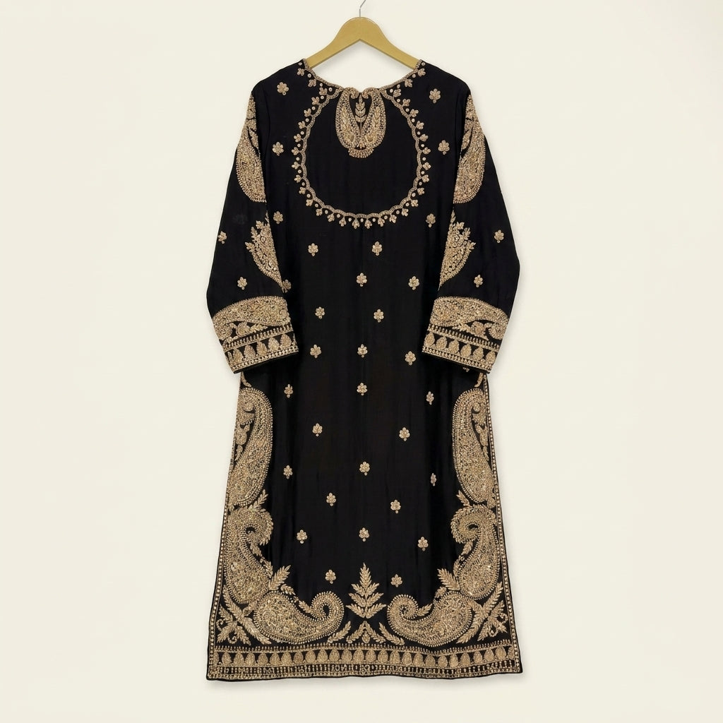 Luxury Handmade Black Velvet Ensemble | Shirt, Trouser & Dupatta