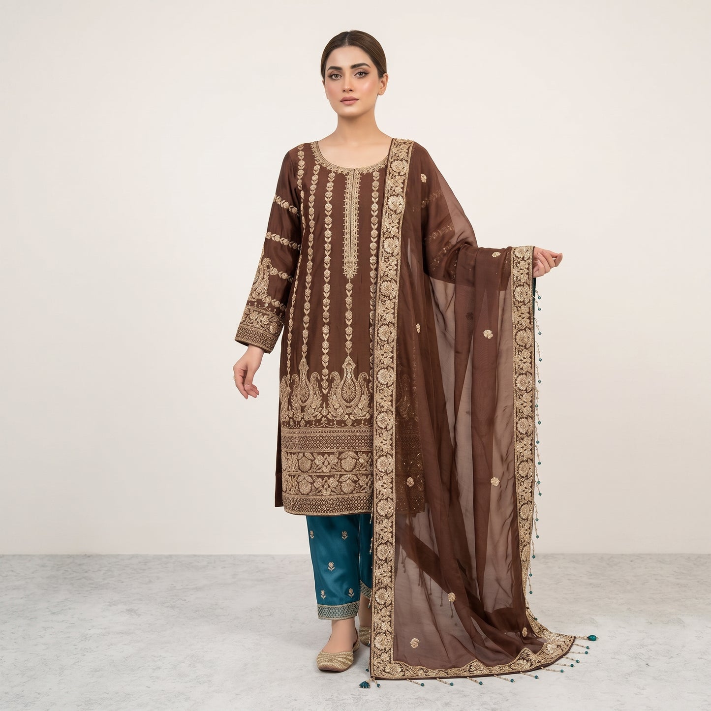 Regal Mocha Handmade Zari Ensemble | Shirt, Trouser & Dupatta
