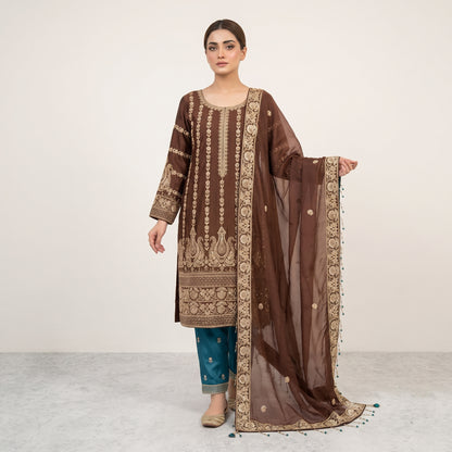Regal Mocha Handmade Zari Ensemble | Shirt, Trouser & Dupatta