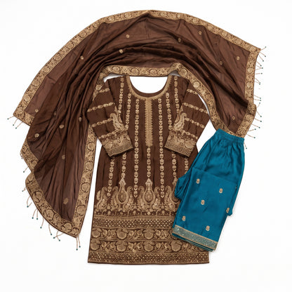 Regal Mocha Handmade Zari Ensemble | Shirt, Trouser & Dupatta