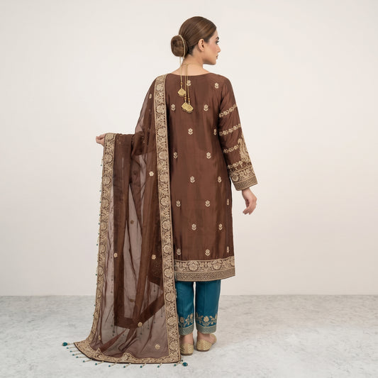 Regal Mocha Handmade Zari Ensemble | Shirt, Trouser & Dupatta