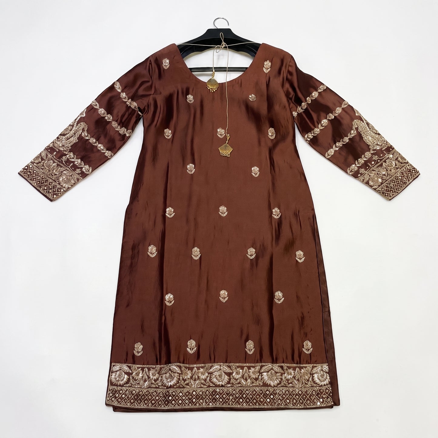 Regal Mocha Handmade Zari Ensemble | Shirt, Trouser & Dupatta