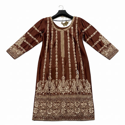 Regal Mocha Handmade Zari Ensemble | Shirt, Trouser & Dupatta